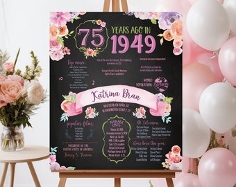 75th Birthday Poster. 75th Floral Birthday Chalkboard. 75th Anniversary Chalk Poster. 75th Birthday Decoration. 75th Birthday Gift. 1949