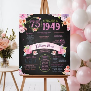 75th Birthday Poster. 75th Floral Birthday Chalkboard. 75th Anniversary Chalk Poster. 75th Birthday Decoration. 75th Birthday Gift. 1949