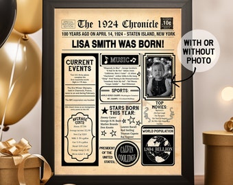 100th Birthday Poster, 100th Birthday Newspaper - Back in 1924, 100th Birthday Sign. Digital OR Printed. 100th Birthday Gift.