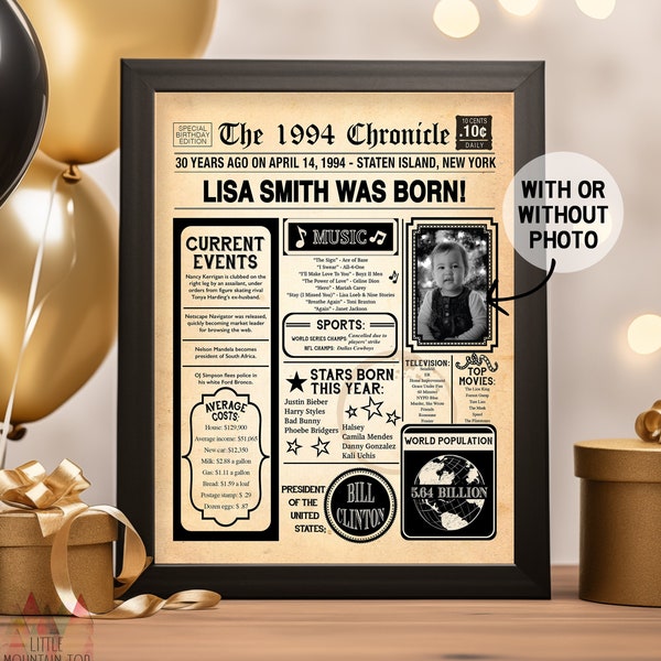 30th Birthday Poster, 30th Birthday Newspaper - Back in 1994, 30th Anniversary Poster. Digital OR Printed. 30th Birthday Gift.
