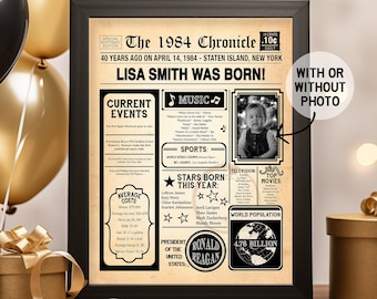 40th Birthday Poster, 40th Birthday Newspaper - Back in 1984, 40th Birthday Sign. Digital OR Printed. 40th Birthday Gift.