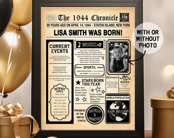 80th Birthday Poster, 80th Birthday Newspaper - Back in 1944, 80th Anniversary Poster. Digital OR Printed. 80th Birthday Gift.