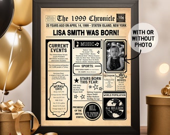 25th Birthday Poster, 25th Birthday Newspaper - Back in 1999, 25th Anniversary Poster. Digital OR Printed. 25th Birthday Gift.