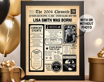 20th Birthday Poster, 20th Birthday Newspaper - Back in 2004, 20th Anniversary Poster. Digital OR Printed. 20th Birthday Gift.
