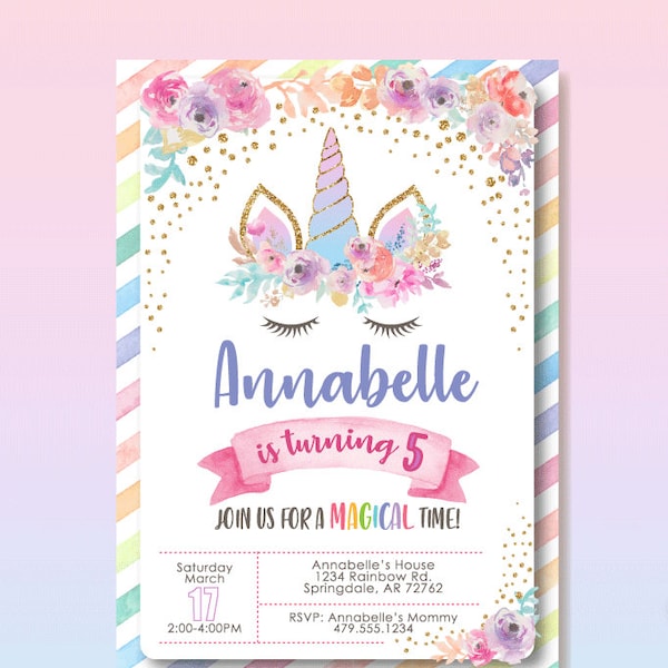 Unicorn Birthday Invitation. Unicorn Invitation. Unicorn Birthday Party. Unicorn Party. Magical Invitation. Rainbow Invitation