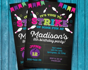 Bowling Party Invitation. Bowling Invitation. Bowling Birthday Invitation. Girl Bowling Invitation. Bowling Birthday Party Invitation