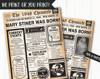 70th Birthday Poster, 70th Birthday Newspaper - Back in 1948, 70th Anniversary Poster. Digital OR Printed. 70th Birthday Gift.