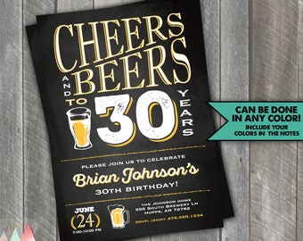 Cheers and Beers to 30 Years Birthday Invitation. Cheers and Beers to 30 Years. Cheers and Beers. 30th Birthday Party Invitation.