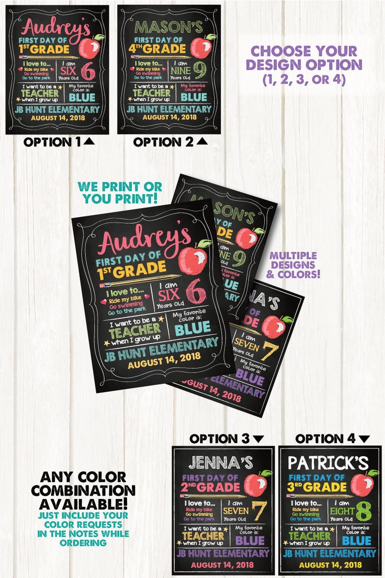 May include: Chalkboard-style first day of school signs with customizable text. Each sign features a child's name, grade, age, favorite color, and aspirations. Options include Audrey's, Mason's, Jenna's, and Patrick's signs.