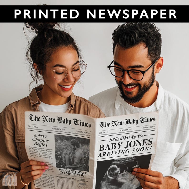May include: A printed newspaper announcement with the headline "Breaking News: Baby Jones Arriving Soon!"  The newspaper is styled to look like a vintage newspaper. A couple is holding the newspaper and smiling. The newspaper also includes a black and white photo of the couple and a sonogram image.
