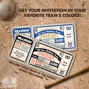 May include: Two vintage-style baseball ticket invitations for a birthday party. The tickets are blue, white, and orange with the text "Brandon is turning 8" and "All Star Birthday Party".