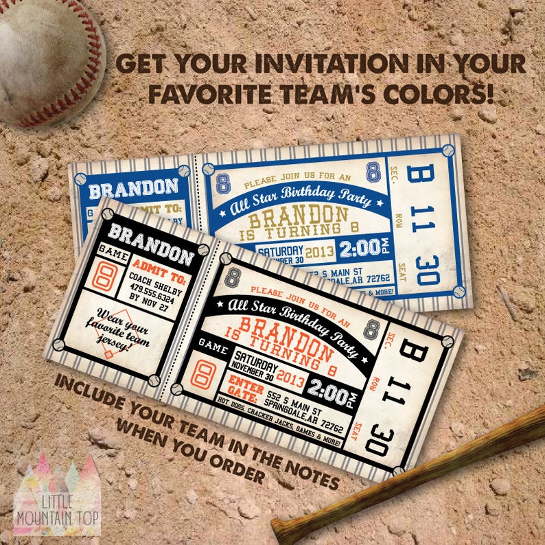 May include: Two vintage-style baseball ticket invitations for a birthday party. The tickets are blue, white, and orange with the text "Brandon is turning 8" and "All Star Birthday Party".