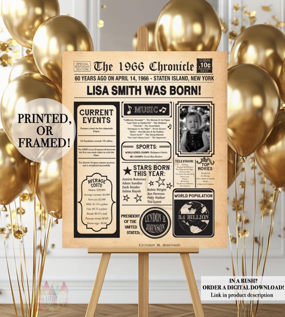 60th Birthday Poster, 60th Birthday Newspaper - Back in 1966, 60th Birthday Sign. Poster or Framed. 60th Birthday Gift. 1966