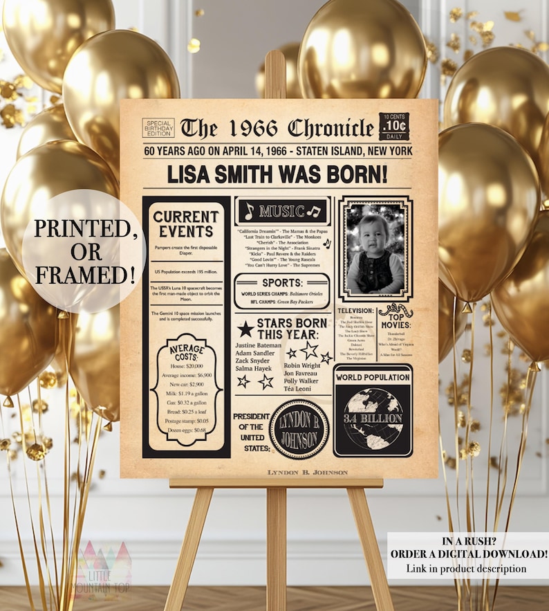 60th Birthday Poster, 60th Birthday Newspaper - Back in 1966, 60th Birthday Sign. Poster or Framed. 60th Birthday Gift. 1966 afbeelding 1