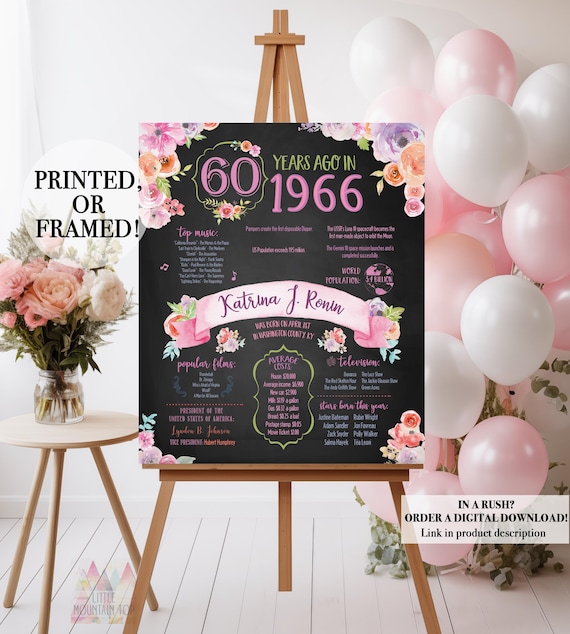 60th Birthday Poster. 60th Floral Birthday Chalkboard. 1966 Birthday Poster. 60th Birthday Decoration. 60th Birthday Gift. Back in 1966