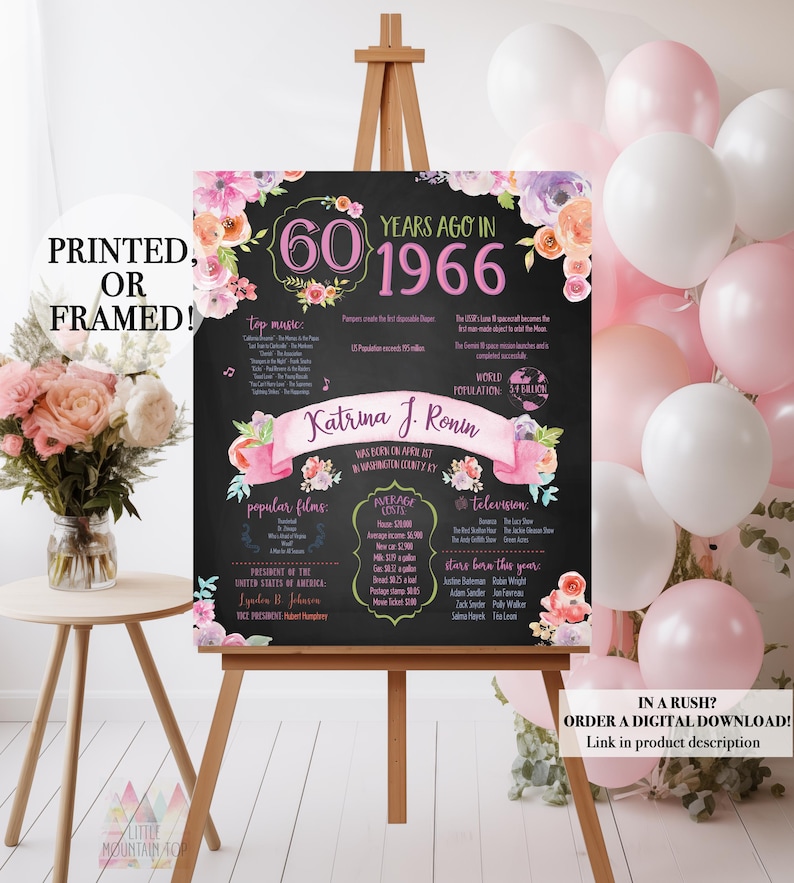 60th Birthday Poster. 60th Floral Birthday Chalkboard. 1966 Birthday Poster. 60th Birthday Decoration. 60th Birthday Gift. Back in 1966 image 1