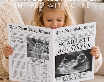 Big Sister Announcement Newspaper Prop, Personalized Pregnancy Announcement, Promoted to Big Sister Baby Reveal, Printed Photo Prop