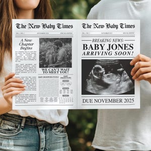 May include: A black and white newspaper announcement with the headline "Breaking News: Baby Jones Arriving Soon!"  The announcement includes a sonogram image and the due date "Due November 2025".