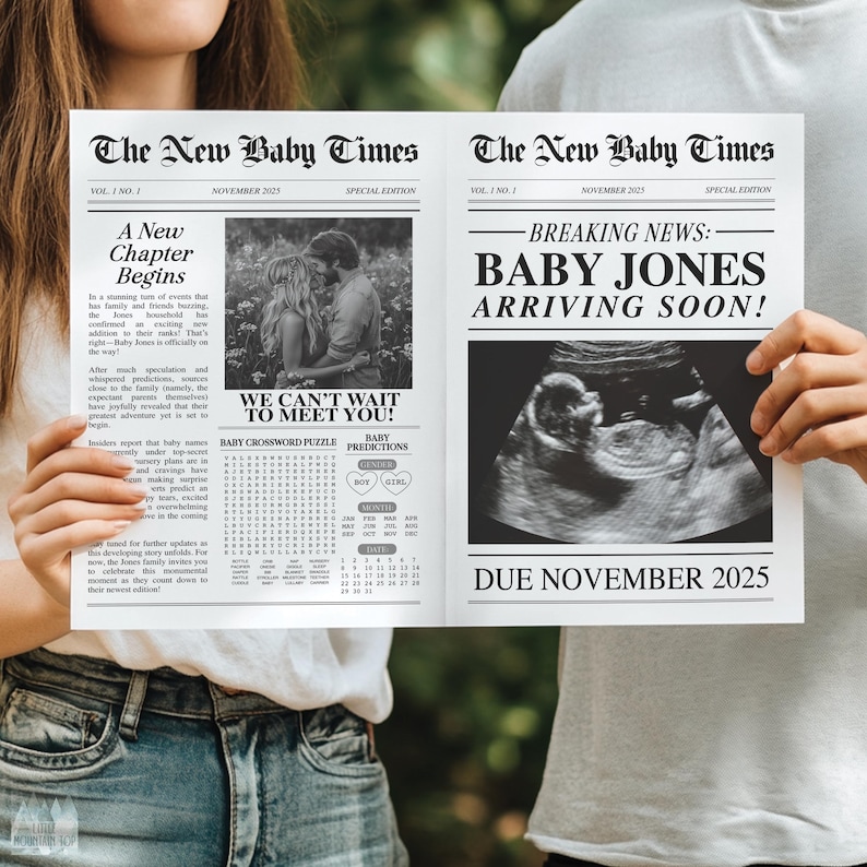May include: A black and white newspaper announcement with the headline "Breaking News: Baby Jones Arriving Soon!"  The announcement includes a sonogram image and the due date "Due November 2025".