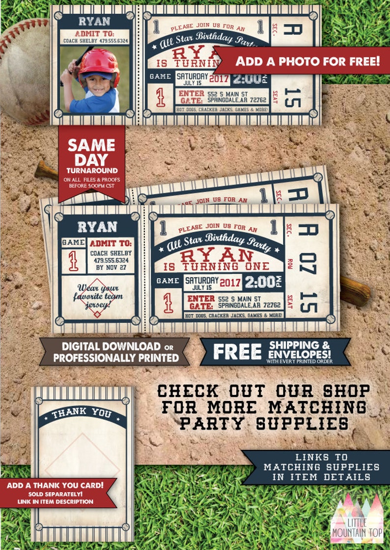 Baseball Invitation. Baseball Birthday Invitation. Baseball Birthday Party. Baseball Ticket Invitation. DIY Printable OR Printed Invitation image 1