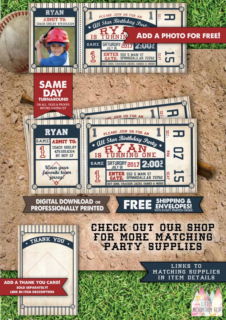 May include: Baseball-themed printable party invitation with a blue and white striped background. The invitation features a baseball ticket design with the text "All Star Birthday Party" and "Ryan is turning one". The invitation also includes a photo placeholder and a thank you card template.