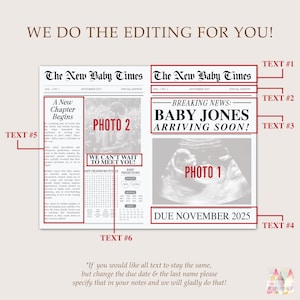 May include: A printable baby announcement in the style of a newspaper. The headline reads "Breaking News: Baby Jones Arriving Soon!" with a due date of November 2025. The newspaper includes a photo of an ultrasound, a crossword puzzle, and the text "We Can't Wait to Meet You!"