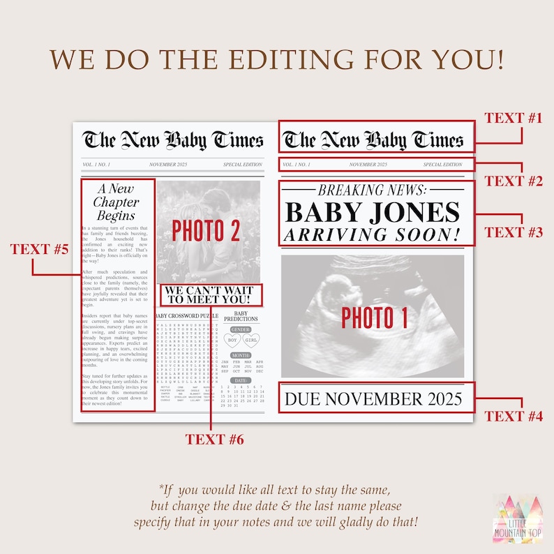 May include: A printable baby announcement in the style of a newspaper. The headline reads "Breaking News: Baby Jones Arriving Soon!" with a due date of November 2025. The newspaper includes a photo of an ultrasound, a crossword puzzle, and the text "We Can't Wait to Meet You!"