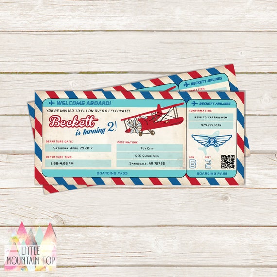 Airplane Birthday Invitation. Airplane Invitation. Vintage Airplane Birthday. Vintage Airplane. Airplane Ticket. Boarding Pass Invitation.