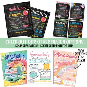May include: A collection of colorful first-day-of-school signs. Each sign features a child's name, grade, age, favorite things, and aspirations. The signs are decorated with apples, flowers, and other playful elements. The signs are available in various designs.