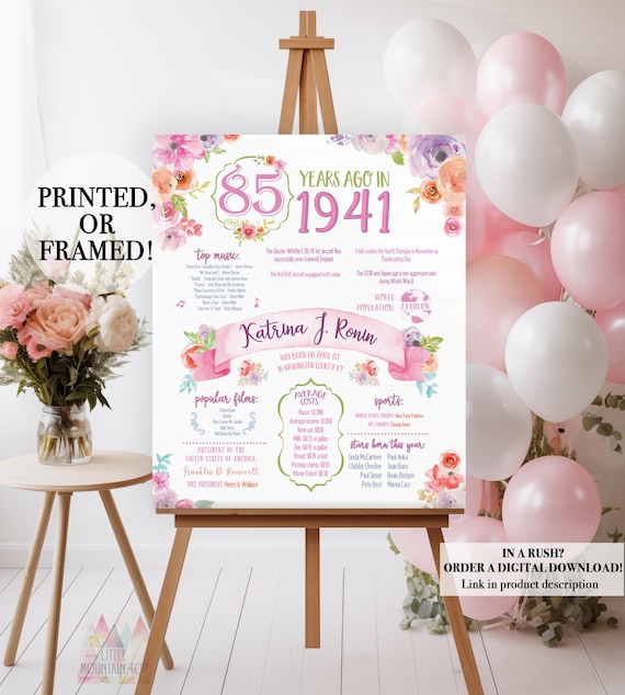 85th Birthday Poster. 85th Floral Birthday. Back in 1941. 85th Birthday Decoration. 85th Birthday Gift. 1941 Birthday Poster