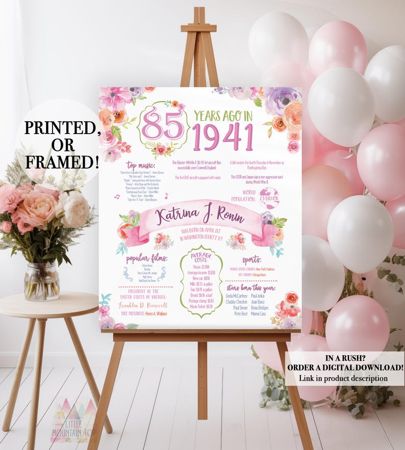 85th Birthday Poster. 85th Floral Birthday. Back in 1941. 85th Birthday Decoration. 85th Birthday Gift. 1941 Birthday Poster image 1