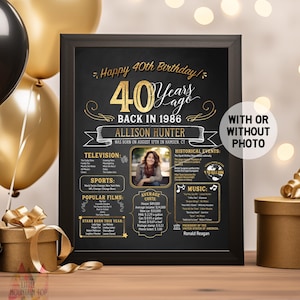 May include: A framed black chalkboard-style sign with gold lettering that reads "Happy 40th Birthday!" and "40 Years Ago Back in 1986." The sign includes a photo and details about the person's birth year.