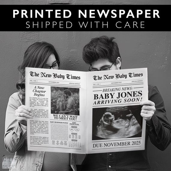 Newspaper Pregnancy Announcement. Newspaper Baby Announcement. Custom Coming Soon. Expecting Baby Times. Printed Physical Item. Personalized