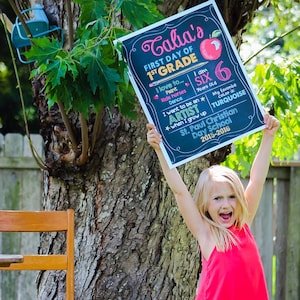 May include: A chalkboard sign with the text "Talia's First Day of 1st Grade" and other details about the student. The sign includes an apple illustration and is held up by a young girl in a red dress.