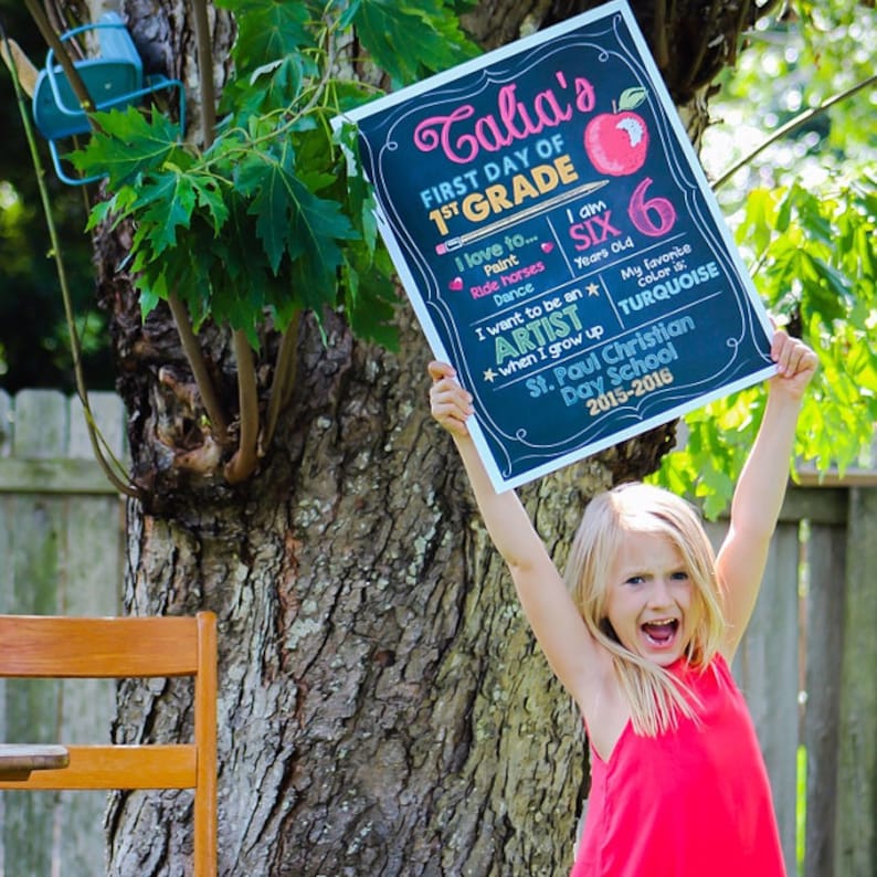 May include: A chalkboard sign with the text "Talia's First Day of 1st Grade" and other details about the student. The sign includes an apple illustration and is held up by a young girl in a red dress.