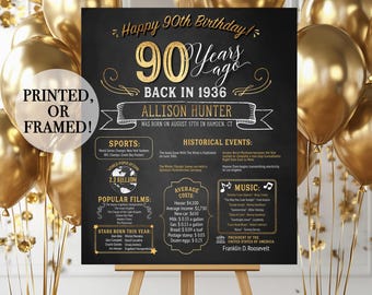 May include: A black chalkboard-style birthday sign with gold text reading Happy 90th Birthday, 90 Years ago, BACK IN 1936, and the name Allison Hunter. It includes sections for sports, historical events, films, music, and costs from 1936.