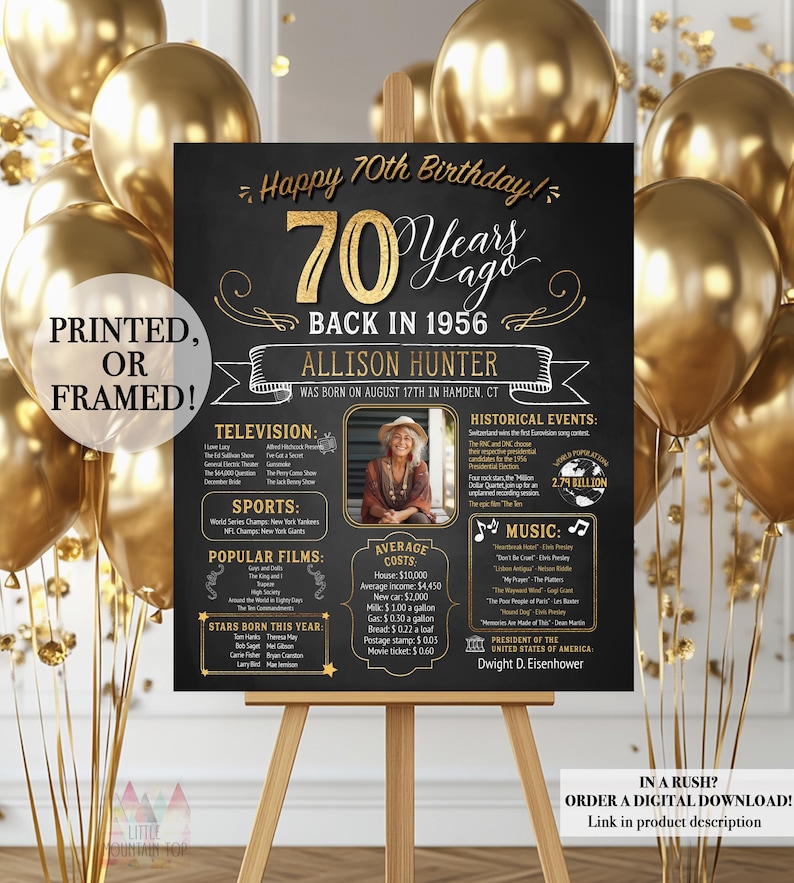 70th Birthday Poster. 70th Birthday Chalkboard. Back in 1956 Birthday. Poster or Framed. 70th Birthday Banner. 70th Birthday Gift Bild 1