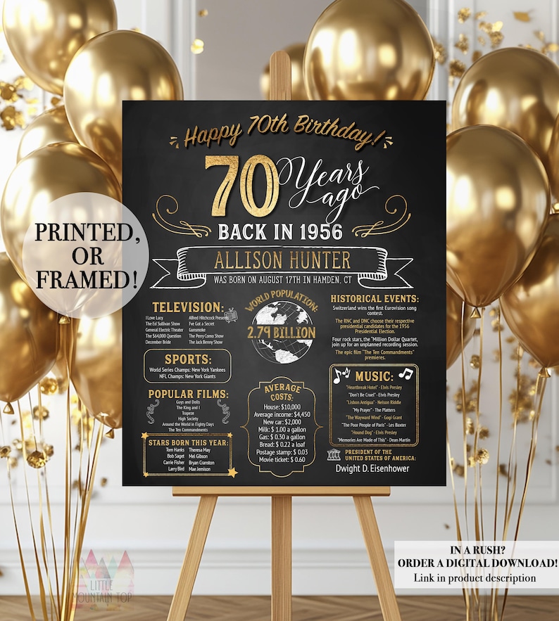 70th Birthday Poster. 70th Birthday Chalkboard. Back in 1956 Birthday. Poster or Framed. 70th Birthday Banner. 70th Birthday Gift Bild 5