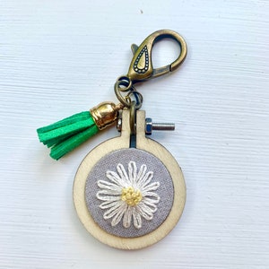 Hand Embroidered Hoop Keychain - flower keychain - floral bouquet fiber art - mini embroidery hoop