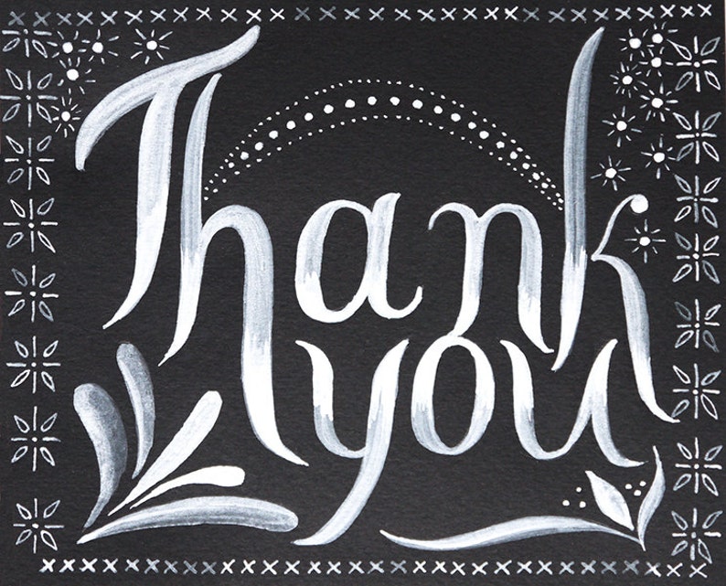 thanks Black White Thank You blank Card Folk art ink calligraphy cross stitching Envelope greeting card gratitude