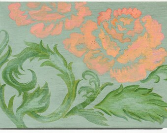 Fiori rosa (peonie) sul verde. Una pittura acrilica del tipo A pannello di betulla verniciato. Rigogliosi fiori rosa con foglie verdi su morbido verde.
