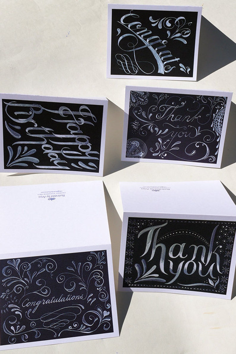 thanks Black White Thank You blank Card Folk art ink calligraphy cross stitching Envelope greeting card gratitude
