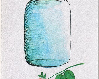 Mason Jar. Stampa di un acquerello originale. Un vaso di mason e un fiore di trifoglio.