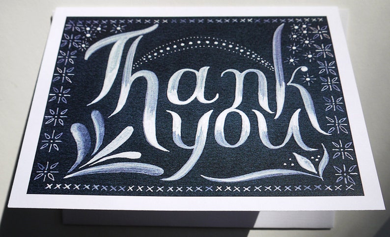 thanks Black White Thank You blank Card Folk art ink calligraphy cross stitching Envelope greeting card gratitude