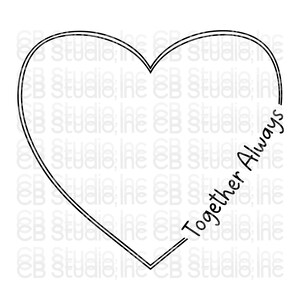 Puede incluir: Un contorno de corazón en blanco y negro con un borde doble. Las palabras "Together Always" están escritas en una fuente de script en el lado derecho del corazón. El diseño es simple y elegante.
