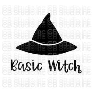May include: Black and white silhouette of a witch's hat with the text "Basic Witch" underneath.