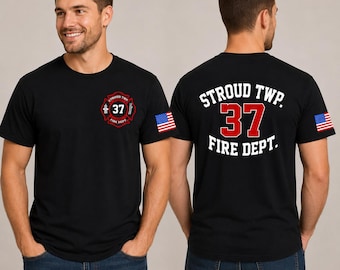 Custom Firefighter T-Shirt | American Flag Sleeve, Maltese Cross Front, Personalized Back Text -black tee