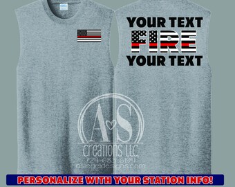 Sleeveless Firefighter Thin Red Line Custom Shirts| Custom Duty Tees | Firefighter Apparel | Personalized Fire Tees | Work shirts - Grey