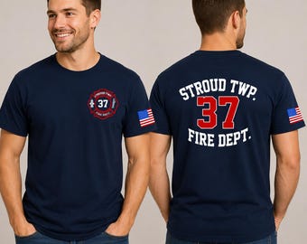 Custom Firefighter T-Shirt | American Flag Sleeve, Maltese Cross Front, Personalized Back Text -Navy