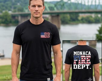 Custom Firefighter T-Shirt | American Flag, Maltese Cross, Personalized Back Text -black tee